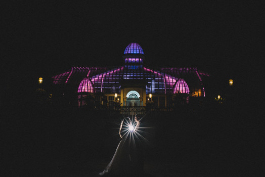 nighttime wedding picture at franklin park conservatory