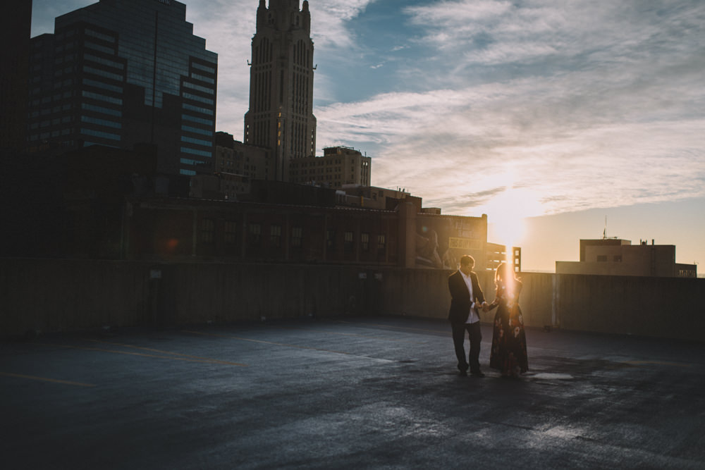 columbus ohio rooftop engagement photography at sunset