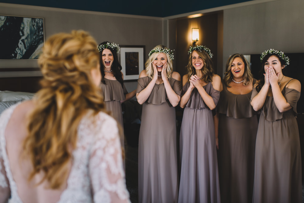 bridesmaids reaction after seeing the bride in her dress in ohio