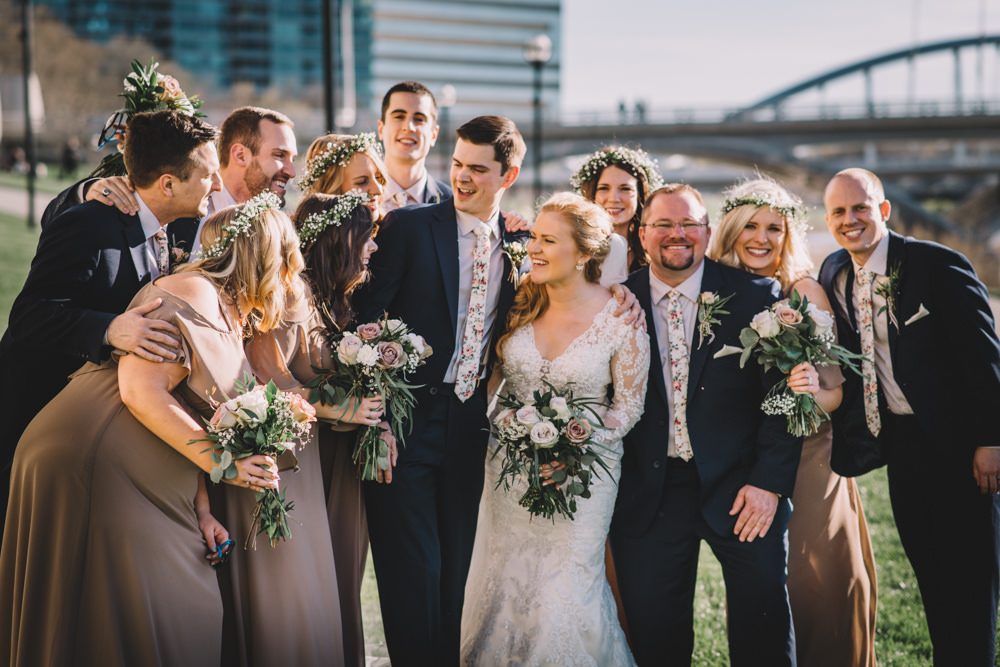 Columbus ohio wedding party laughing downtown