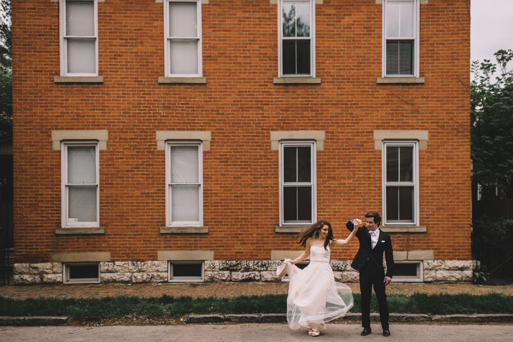 columbus ohio bride and groom dancing in the street