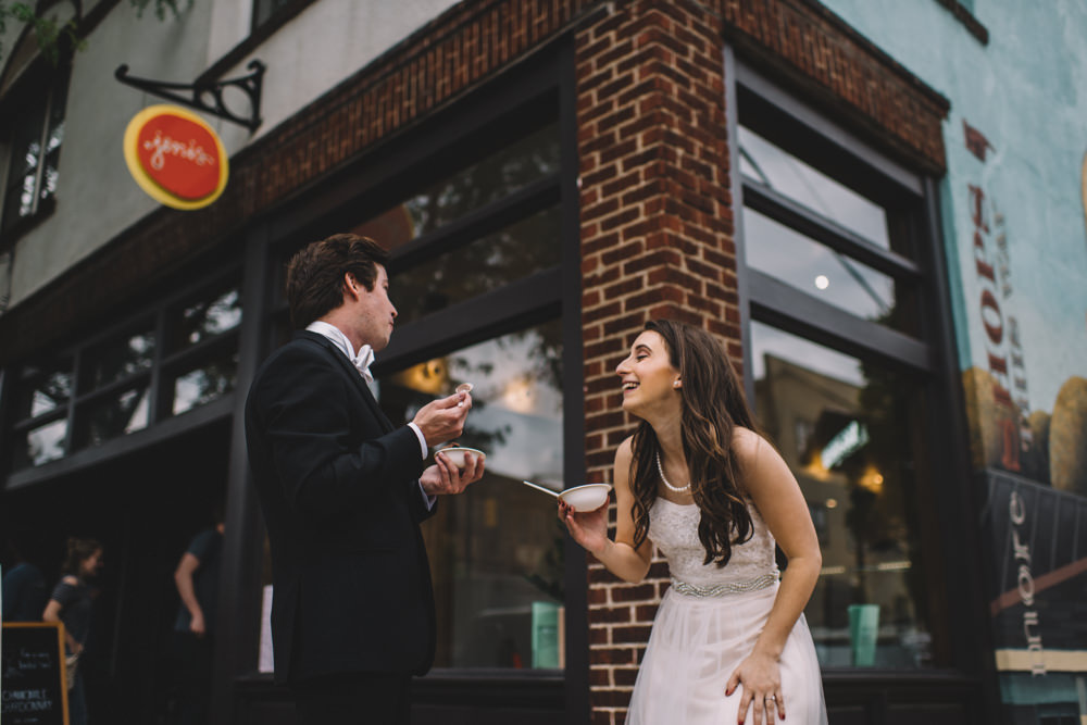 ohio wedding couple eating Jeni's ice cream in short north